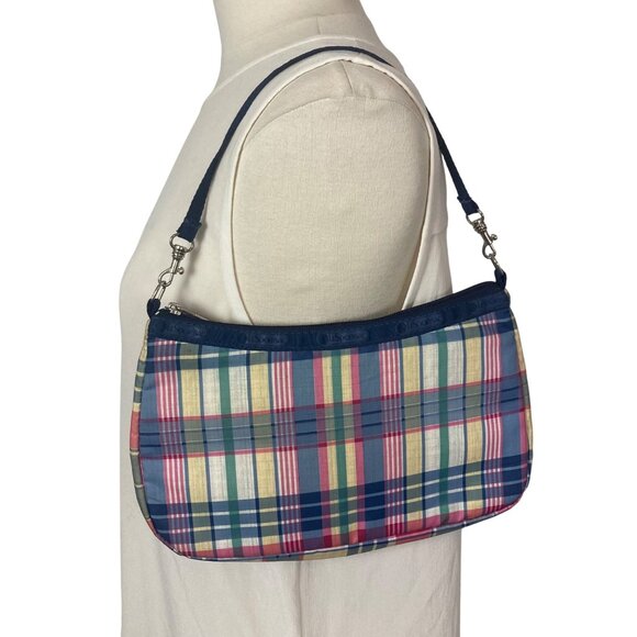 Vintage Y2K LeSportsac Plaid Shoulder Bag Baguette Pink Blue Made In USA Preppy - Picture 1 of 13